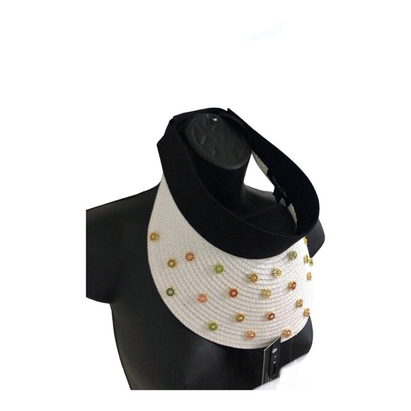 White black bejeweled faux precious‎ stones raffia straw sun visor hat new